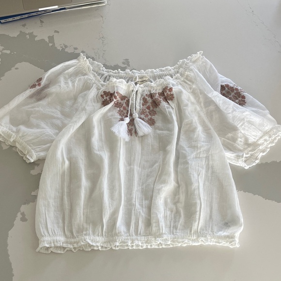 Lucky Brand Bohemian Off-Shoulder White Blouse with Pink Embroidery - Picture 2 of 10